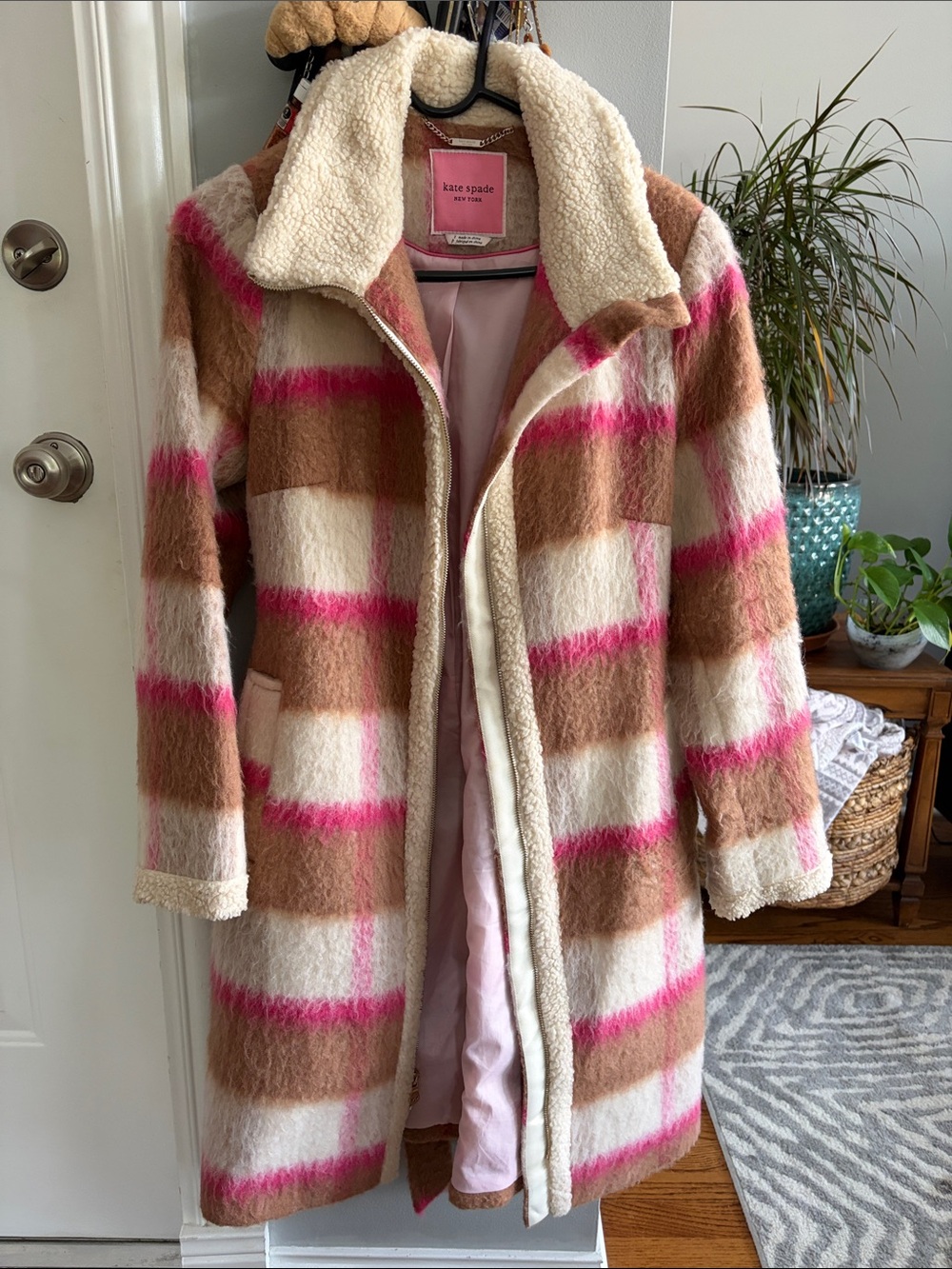 kate spade Pink, Brown & Cream Plaid Sherpa-Trim Coat - worn once
